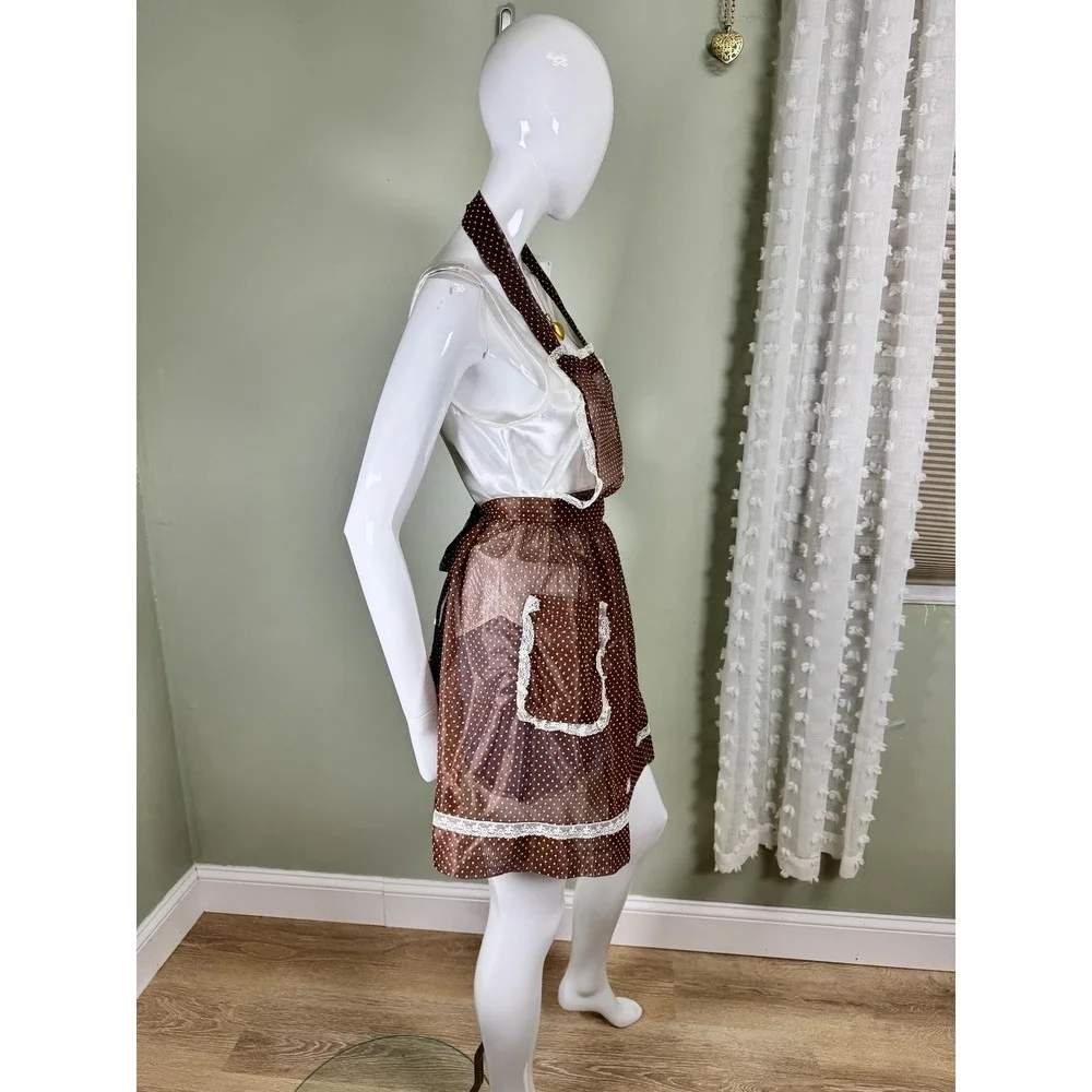 Vintage‎ 1960s 1970s Sheer Polka Dot Hostess Apron Lace Brown Cottage Core